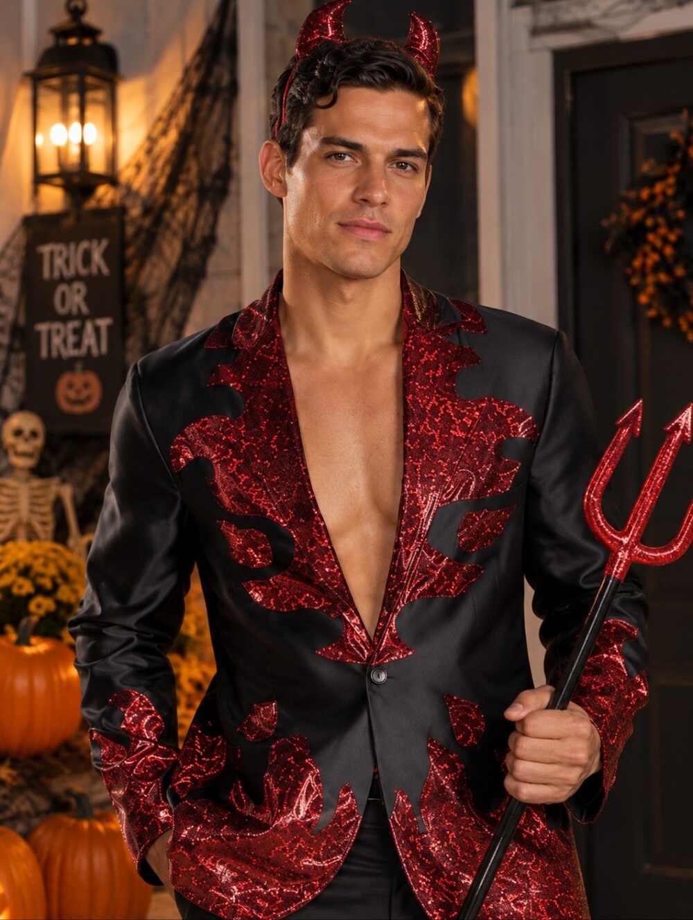 Men's Handsome Devil Halloween Costume Black Red Jacket Horns Tail Pitchfork -C